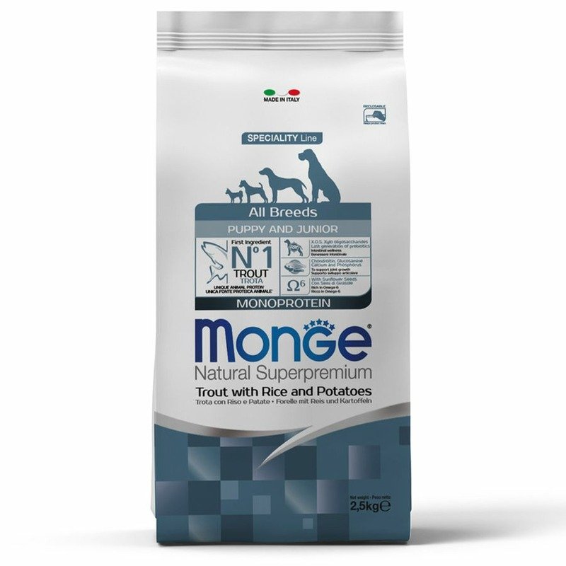 Monge Monge Dog Speciality Line Monoprotein сухой корм для щенков, из форели с рисом и картофелем – 2,5 кг