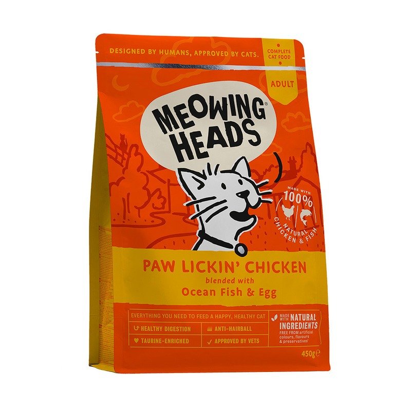 Meowing Heads Paw Lickin’ Chicken сухой беззерновой корм для взрослых кошек с курицей и рисом – 450 г