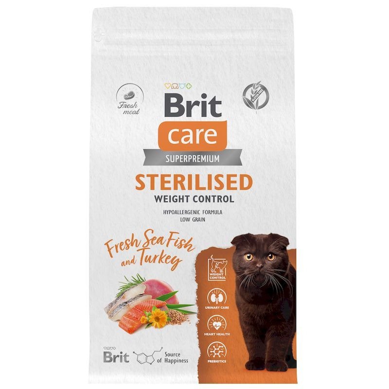 Brit Care Cat Sterilised Weight Control сухой корм для стерилизованных кошек для контроля веса, с морской рыбой и индейкой – 1,5 кг