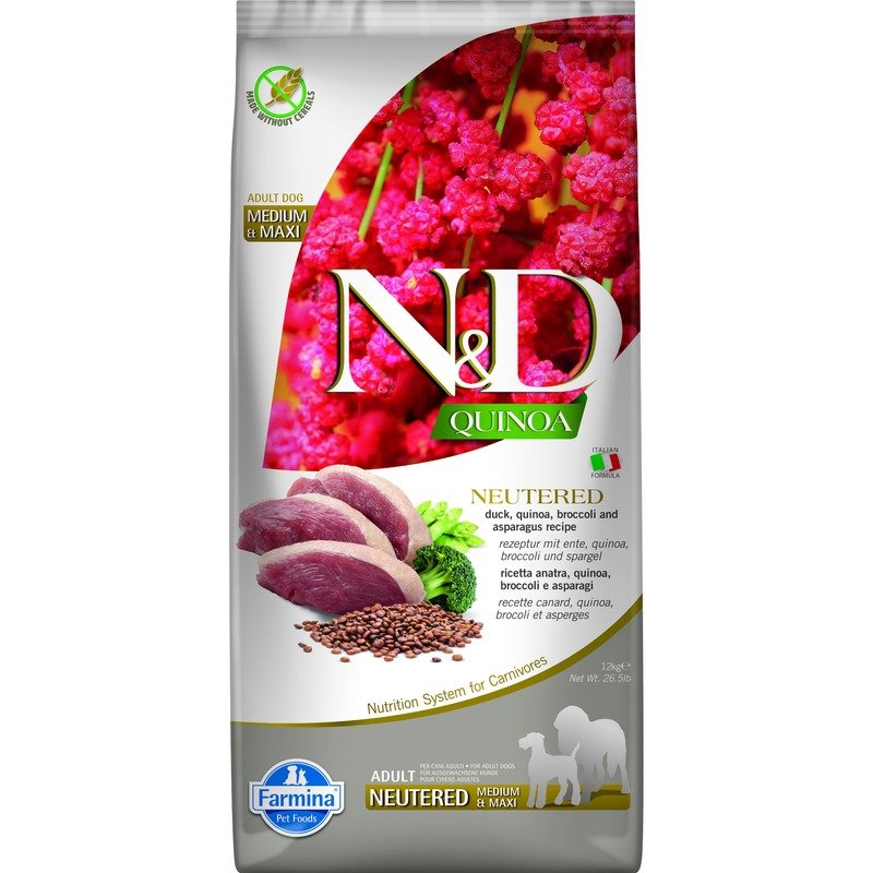 Farmina N&D Quinoa Dog Neutered Medium&Maxi сухой беззерновой корм для стерилизованных собак средних и крупных пород с уткой, киноа, брокколи и спаржей – 12 кг