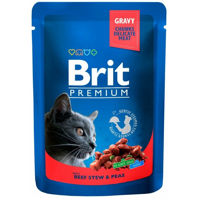 Brit Premium полнорационный влажный корм для кошек, с говядиной и горошком, кусочки в соусе, в паучах – 85 г