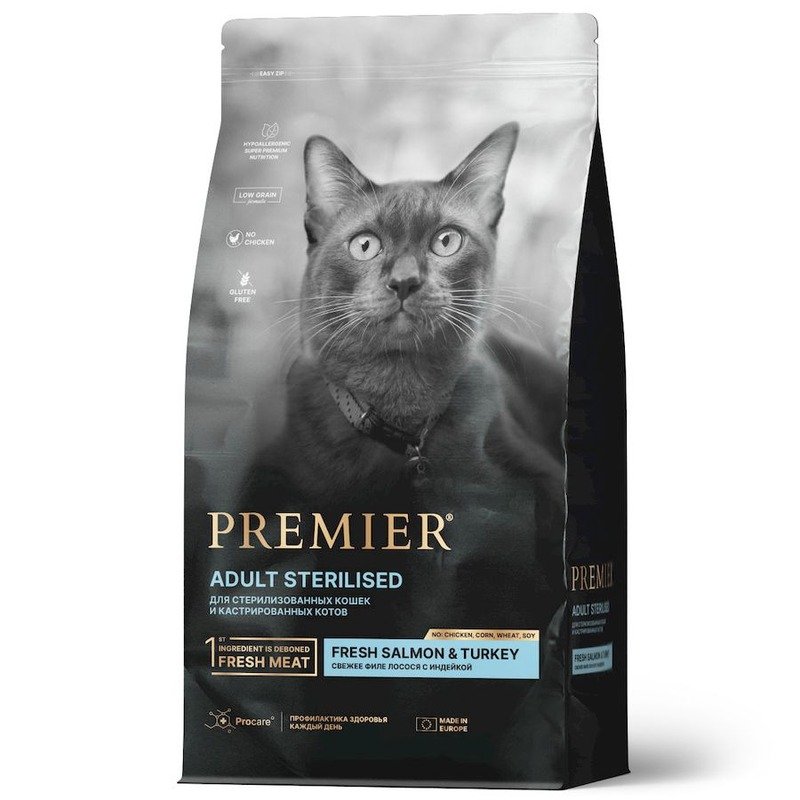 Premier Cat Salmon & Turkey Sterilised сухой корм для взрослых стерилизованных кошек, свежее филе лосося с индейкой – 400 г