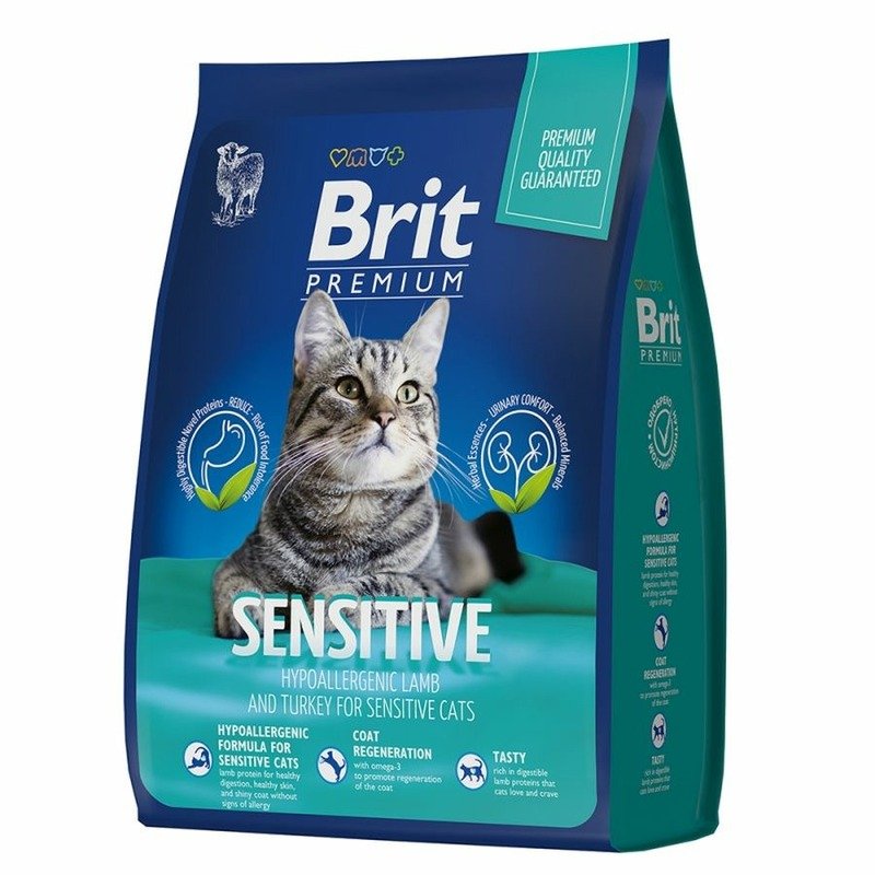 Brit Premium Cat Sensitive полнорационный сухой корм для кошек с чувствительным пищеварением, с ягненком и индейкой – 800 г