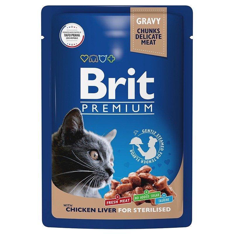 Brit Premium полнорационный влажный корм для стерилизованных кошек, с куриной печенью, кусочки в соусе, в паучах – 85 г
