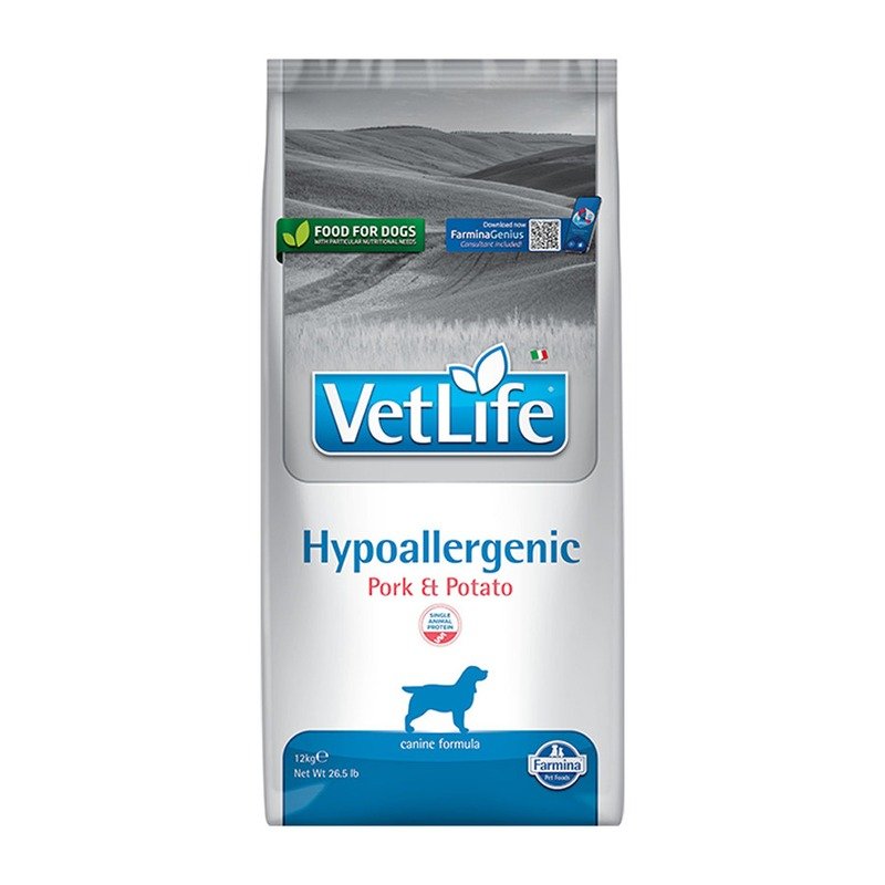 Vet Life Dog Hypoallergenic Pork & Potato полнорационный сухой корм для собак для снижения пищевой аллергии и/или непереносимости, диетический, со свининой и картофелем – 12 кг