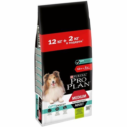 Сухой корм Pro Plan, для взрослых собак средних пород с чувствительным пищеварением, с комплексом OPTIDIGEST, ягненком и рисом, 12кг + 2кг (14кг)