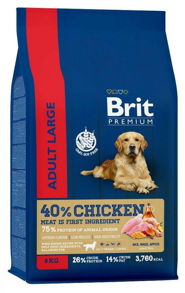 Сухой корм для собак крупных пород Brit Premium Adult L курица, 8 кг