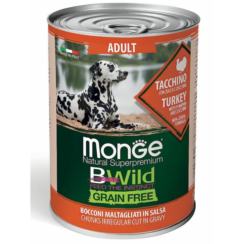 Monge Dog BWild Grain Free полнорационный влажный корм для собак, беззерновой, с индейкой, тыквой и кабачками, кусочки в бульоне, в консервах – 400 г