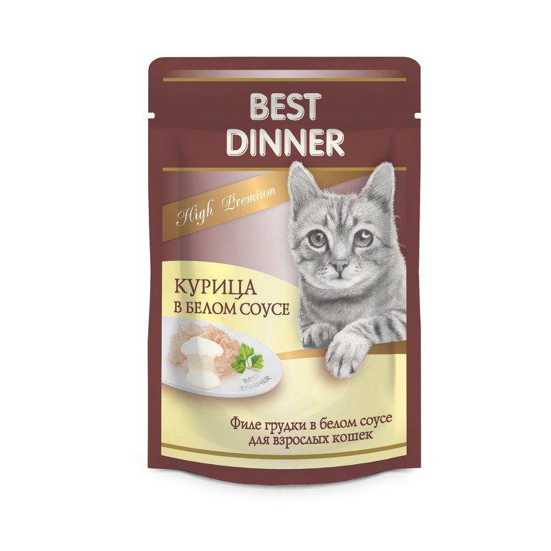 Best Dinner High Premium влажный корм для кошек, с курицей, волокна в белом соусе, в паучах – 85 г