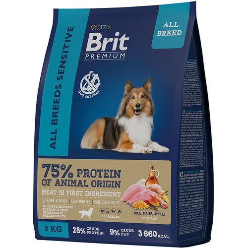 Brit Сухой корм премиум класса с ягненком и индейкой для взрослых собак всех пород с чувствительным пищеварением 5050024 1 кг 58159 (3 шт)