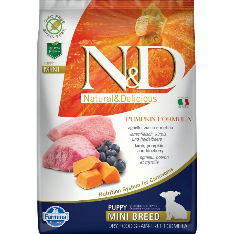 Farmina N&D Pumpkin Dog Grain Free Lamb & Blueberry Puppy Mini сухой беззерновой корм для щенков мелких пород с ягненком, черникой и тыквой – 7 кг