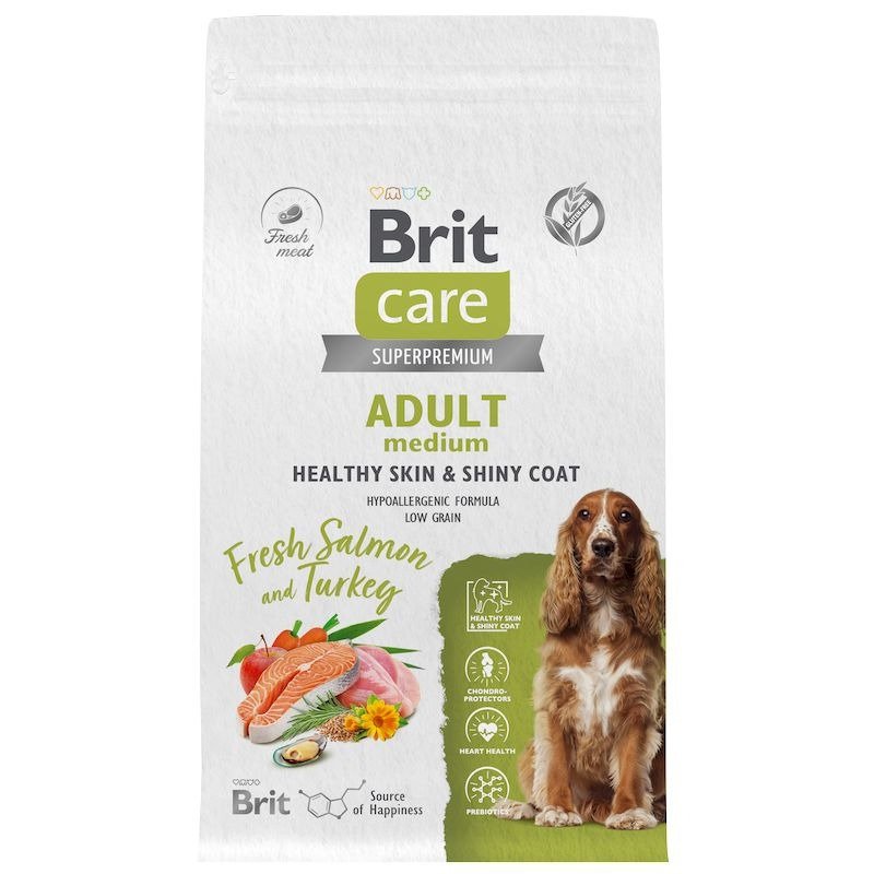 Brit Care Dog Adult M Healthy Skin&Shiny Coat сухой корм для взрослых собак средних пород для кожи и шерсти, с лососем и индейкой – 1,5 кг