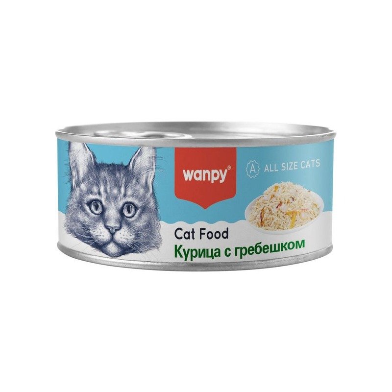 Wanpy Cat влажный корм для кошек, с курицей и гребешком, в консервах – 95 г