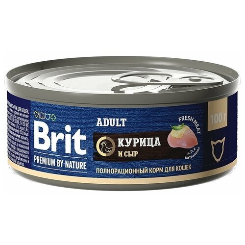 Brit Premium by Nature Корм консервированный с мясом курицы и сыром для кошек, 100гр, 6 штук