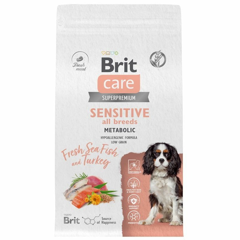 Brit Сare Dog Adult Sensitive Metabolic для собак, с морской рыбой и индейкой – 1,5 кг