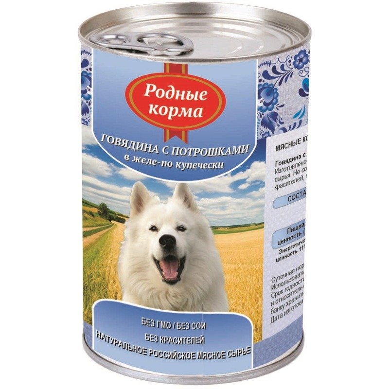 Родные корма влажный корм для собак, фарш из говядины с потрошками по-купечески в желе, в консервах – 970 г