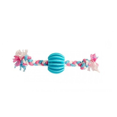 Игрушка для собак резиновая DUVO+ “Мяч ребристый с веревочной косичкой”, голубая, 6.5см (Бельгия)