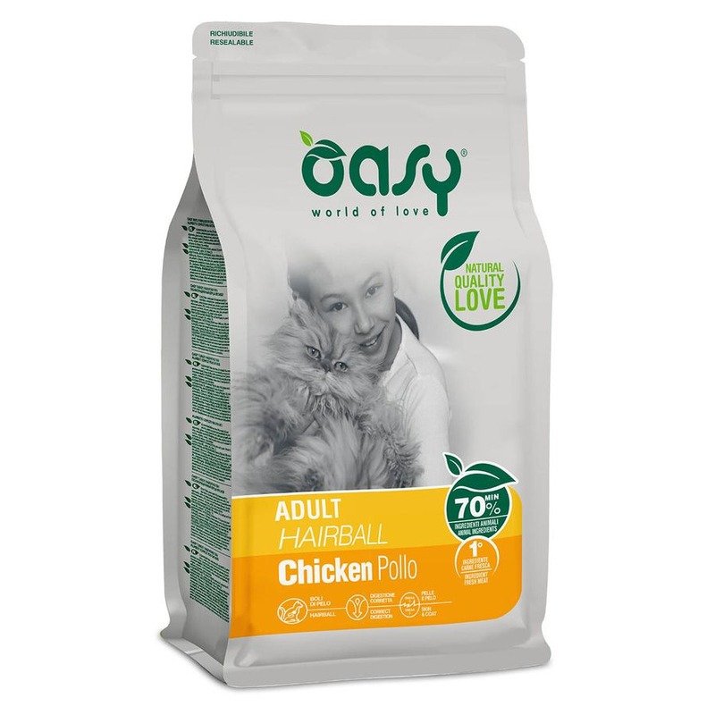 Oasy Dry Cat Adult Hairball сухой корм для взрослых кошек для выведения шерсти с курицей – 300 г