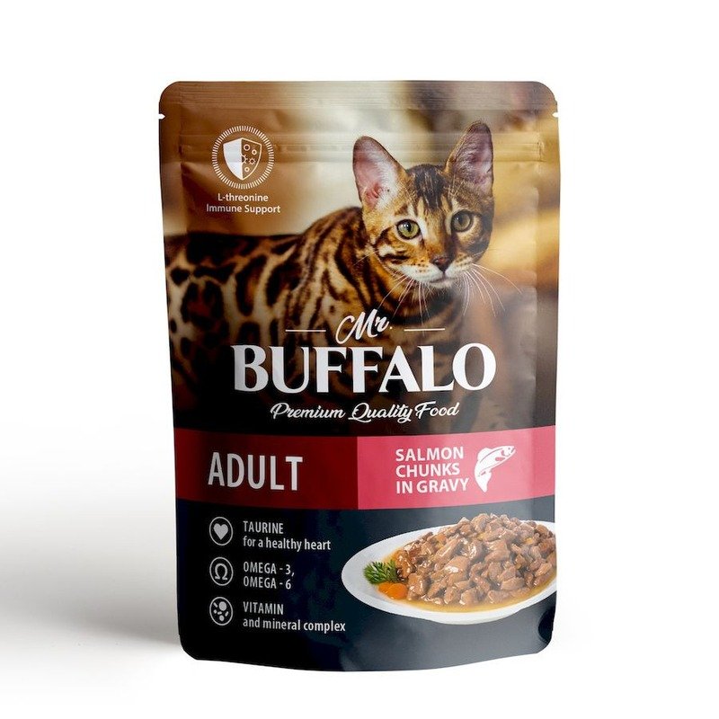 Mr. Buffalo Adult Hair & Skin влажный корм для котов и кошек, для кожи и шерсти, с лососем, кусочки в соусе, в паучах – 85 г