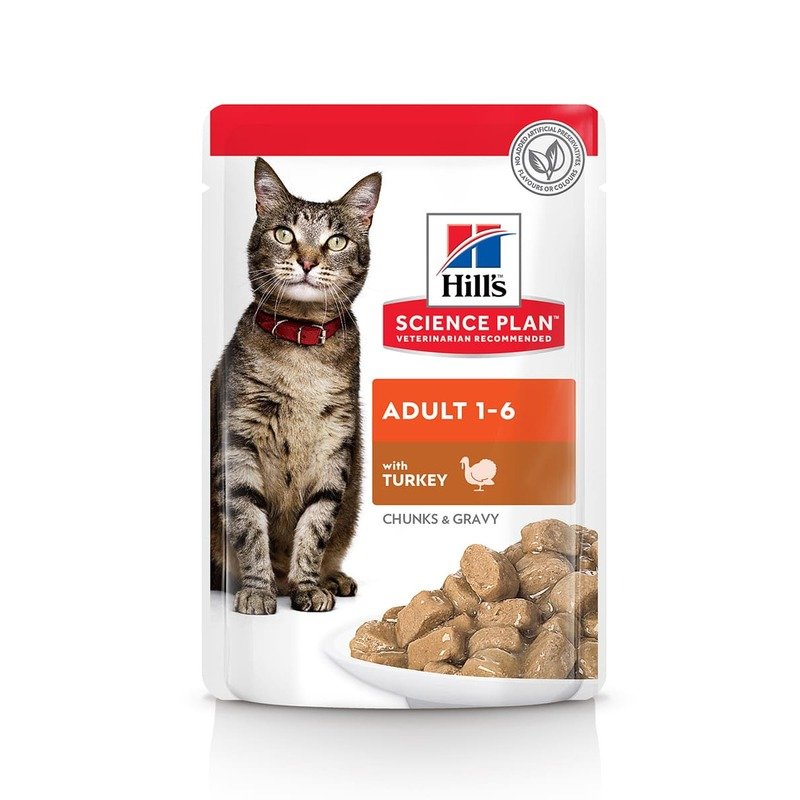 Hills Science Plan Cat Adult влажный корм для кошек для поддержания жизненной энергии и иммунитета, с индейкой, кусочки в соусе, в паучах – 85 г