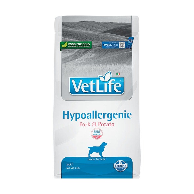 Vet Life Dog Hypoallergenic Pork & Potato полнорационный сухой корм для собак для снижения пищевой аллергии и/или непереносимости, диетический, со свининой и картофелем – 2 кг