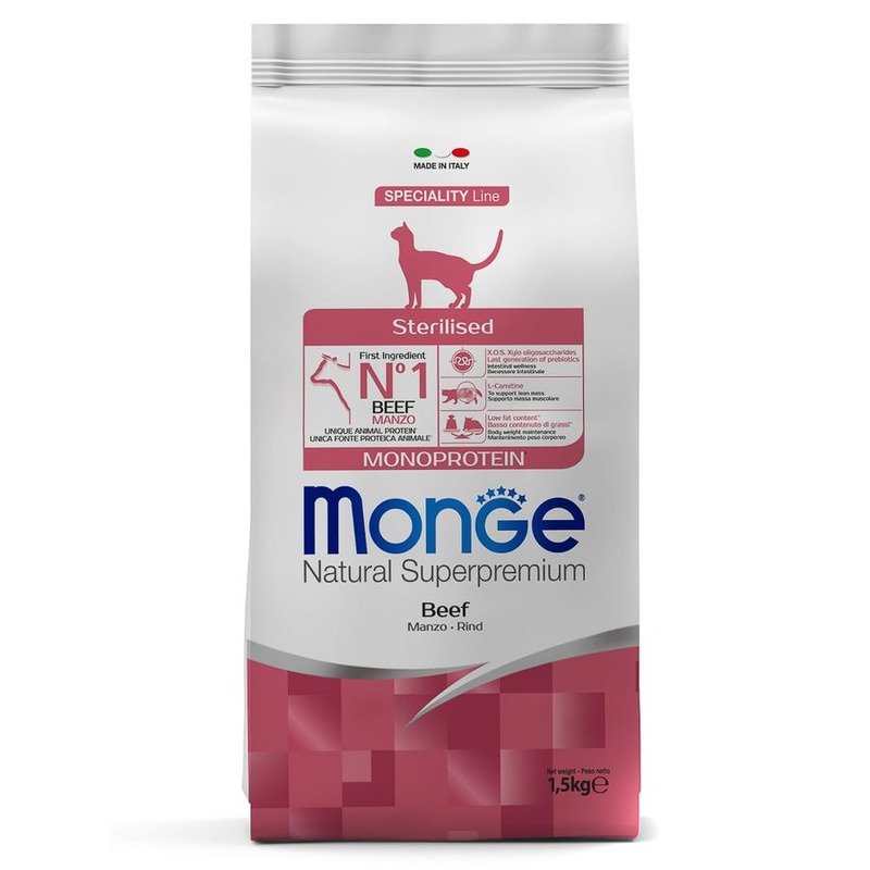 Monge Cat Speciality Line Monoprotein Sterilised полнорационный сухой корм для стерилизованных кошек, с говядиной – 1,5 кг