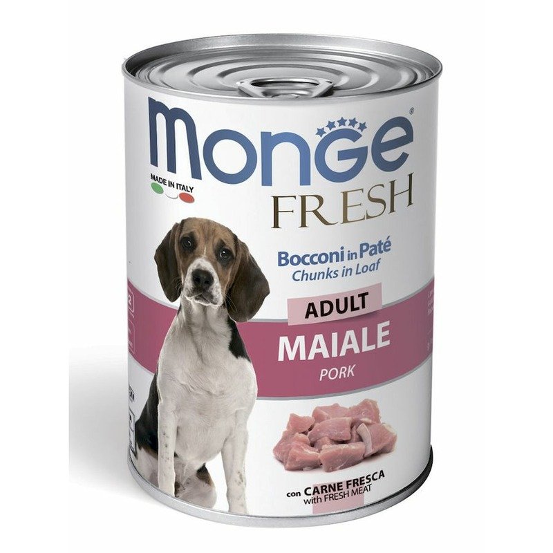 Monge Dog Fresh Chunks in Loaf полнорационный влажный корм для собак, мясной рулет из свинины, кусочки в паштете, в консервах – 400 г