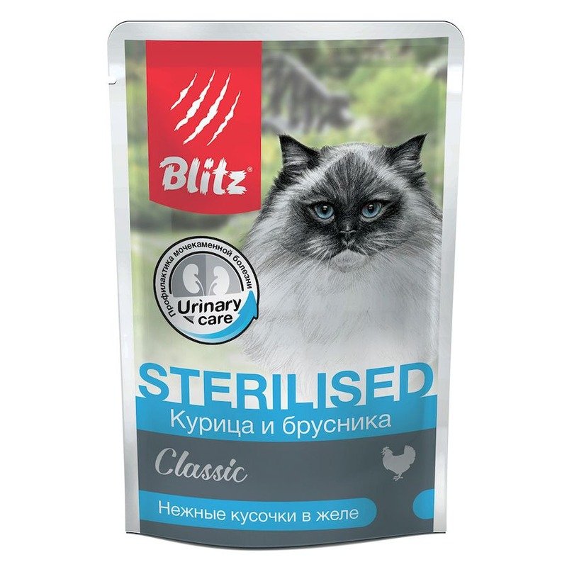 Blitz Classic Sterilised Cat Adult полнорационный влажный корм для стерилизованных кошек, с курицей и брусникой, кусочки в желе, в паучах – 85 г