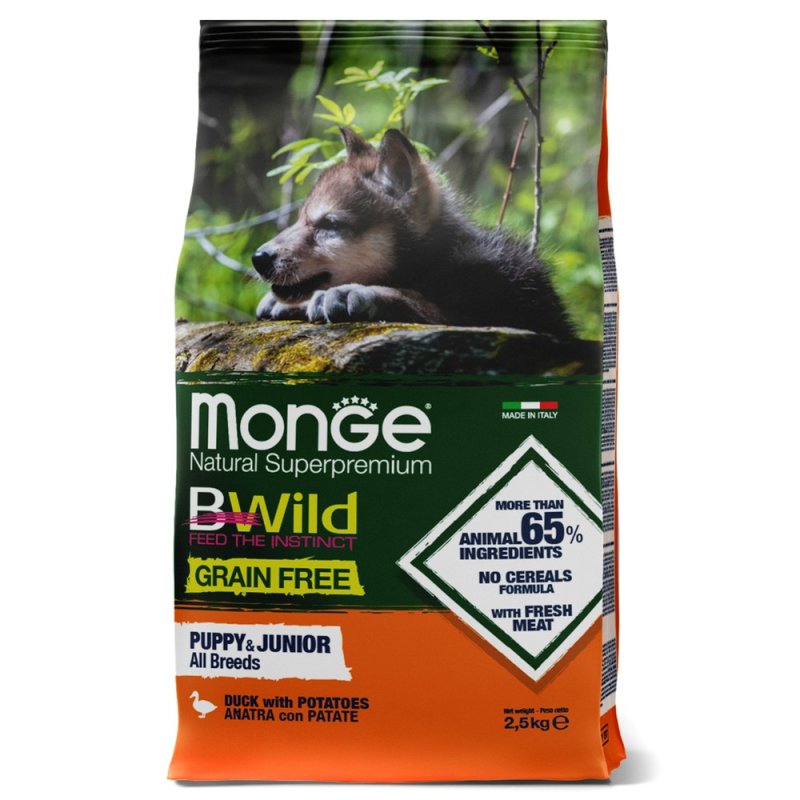 Корм для щенков Monge BWild Grain Free беззерновой мясо утки с картофелем сух. 2,5кг