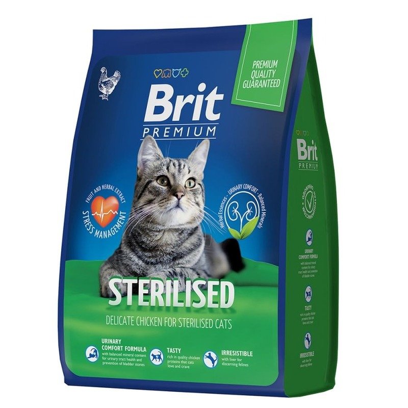 Brit Premium Cat Sterilized Chicken полнорационный сухой корм для стерилизованных кошек, с курицей – 800 г