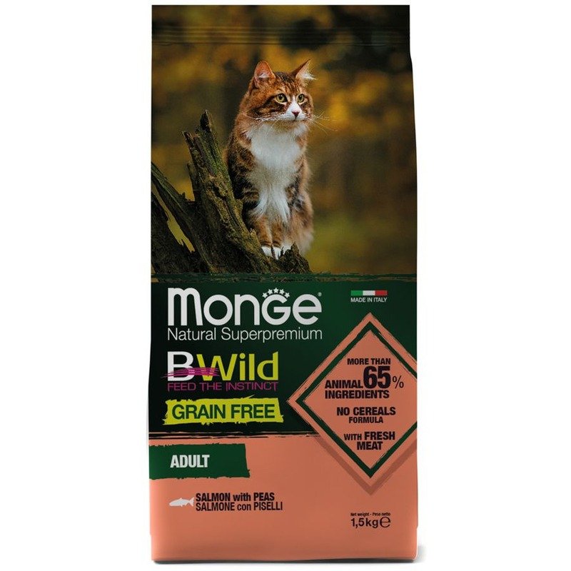 Monge Cat BWild Grain Free полнорационный сухой корм для кошек, беззерновой, с лососем и горохом – 1,5 кг