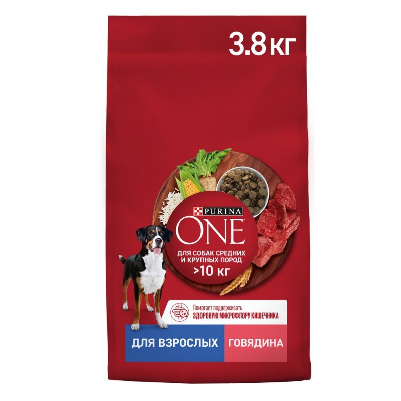 Корм для собак Purina ONE Adult для средних и крупных пород, с говядиной и рисом сух. 3,8кг