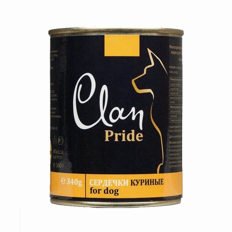 Clan Pride полнорационный влажный корм для собак, с куриными сердечками, кусочки в желе, в консервах – 340 г