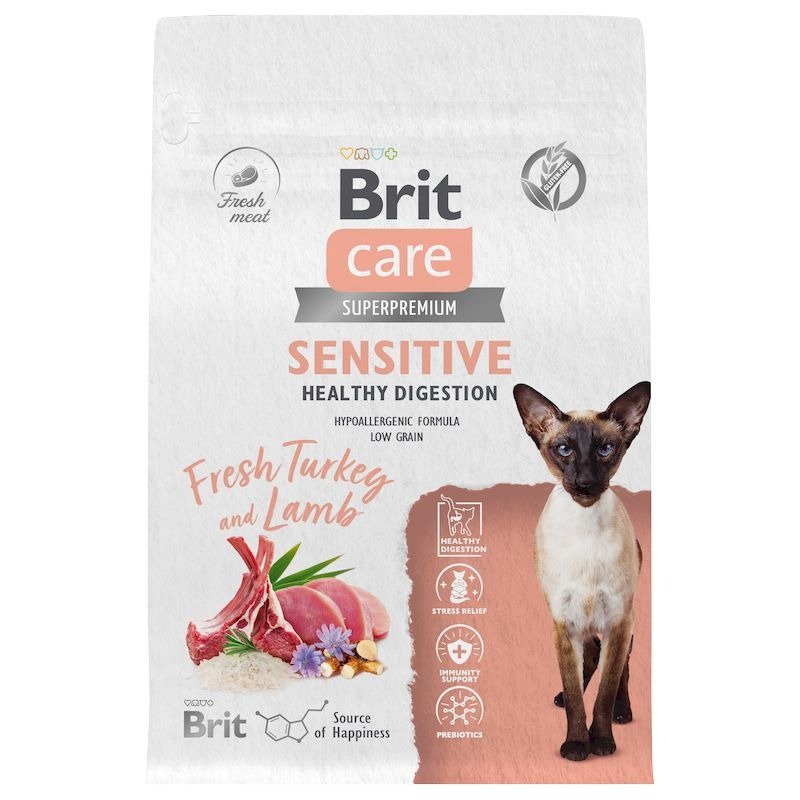 Brit Care Cat Sensitive Healthy Digestion сухой корм для взрослых кошек с чувствительным пищеварением, с индейкой и ягненком – 400 г