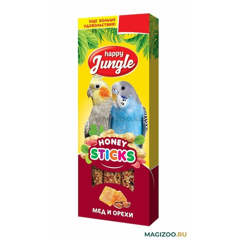 Happy Jungle лакомство для птиц, мед и орехи, 3 палочки – 90 г