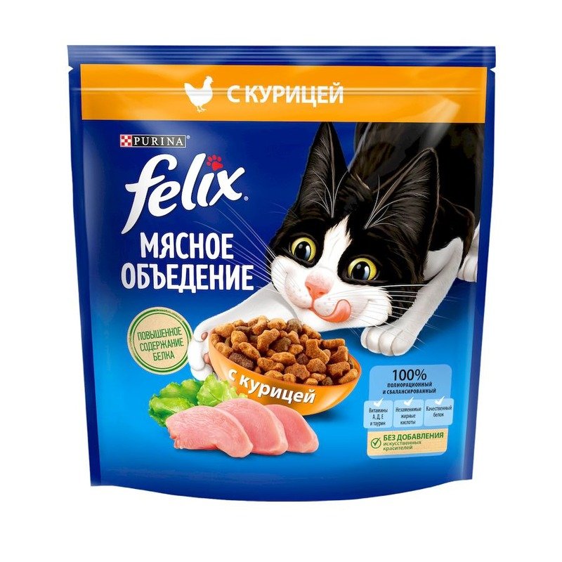 Felix Мясное объедение полнорационный сухой корм для кошек, с курицей – 600 г