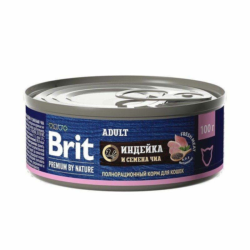 Brit Premium by Nature Adult полнорационный влажный корм для кошек, паштет с индейкой и семенами чиа, в консервах – 100 г