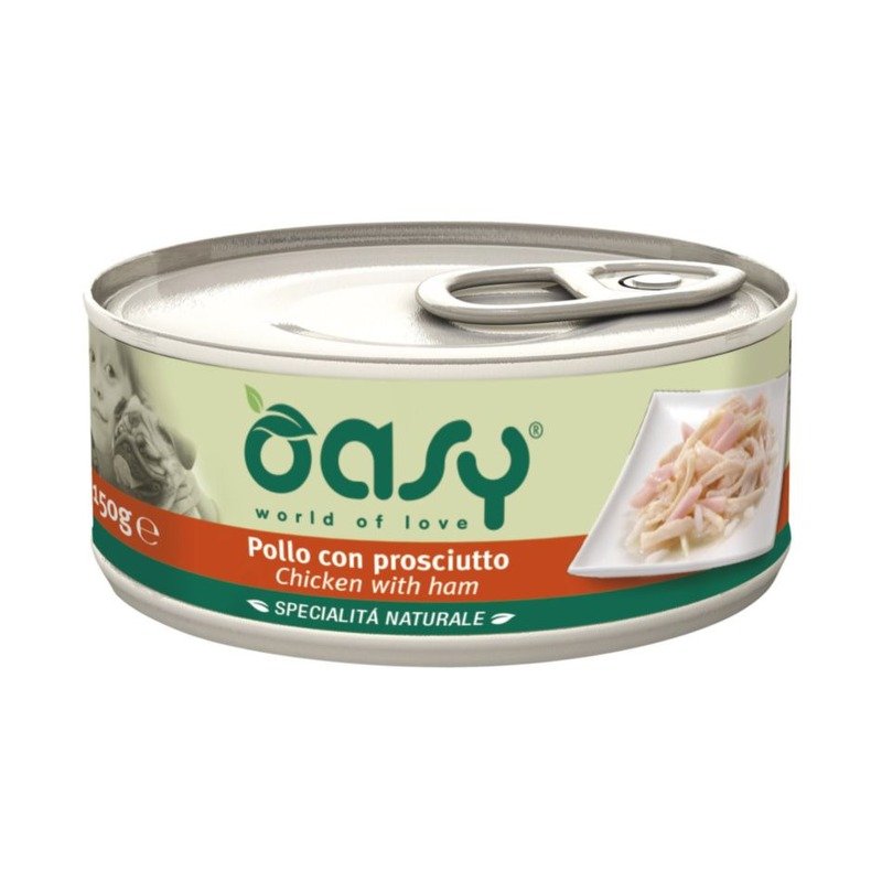 Oasy Wet Dog Specialita Naturali Chicken Ham влажный корм для взрослых собак, дополнительное питание с курицей и ветчиной, в консервах – 150 г