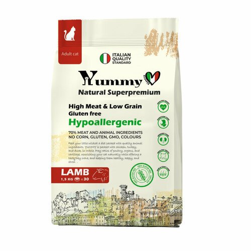 Yummy Linea сухой низкозерновой корм для взрослых кошек, с ягненком - 1,5 кг