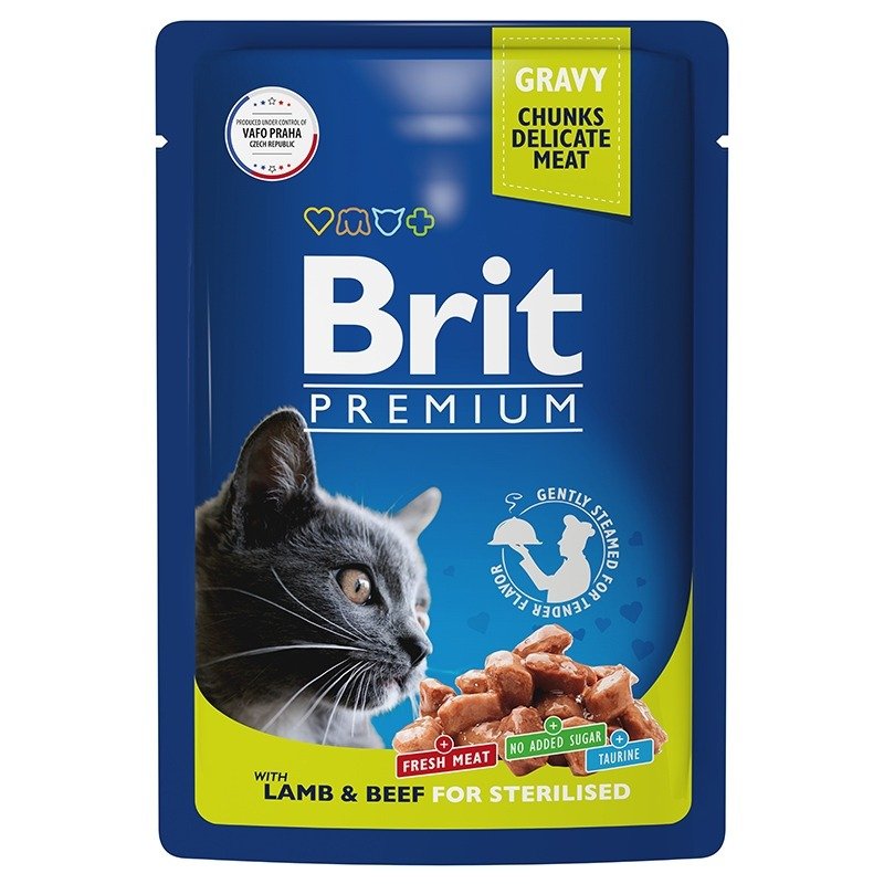 Brit Premium полнорационный влажный корм для стерилизованных кошек, с ягненком и говядиной, кусочки в соусе, в паучах – 85 г