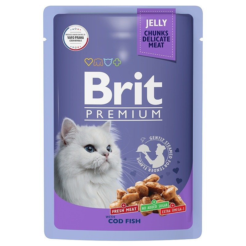 Brit Premium полнорационный влажный корм для кошек, с треской, кусочки в желе, в паучах – 85 г