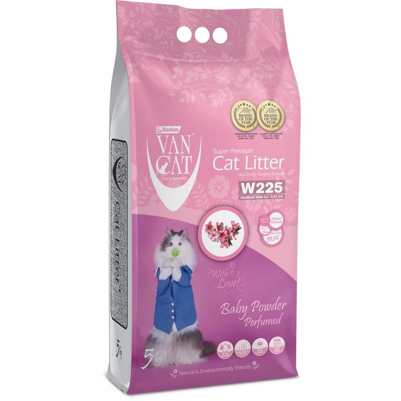 Van Cat Baby Powder наполнитель для кошек, 100% натуральный, комкующийся, без пыли, с ароматом детской присыпки – 5 кг