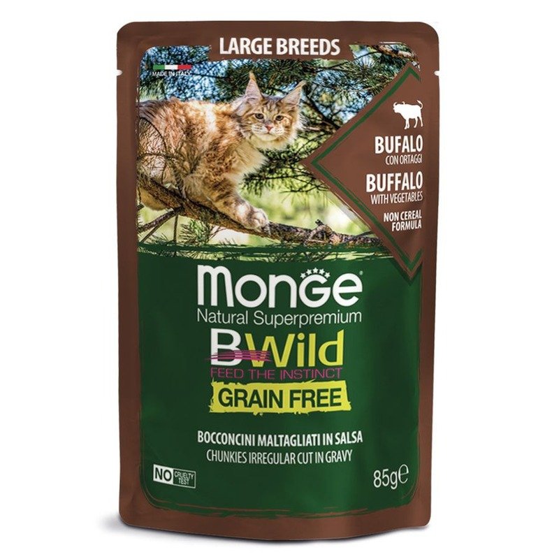 Monge Cat BWild Grain Free полнорационный влажный корм для кошек крупных пород, беззерновой, с мясом буйвола и овощами, кусочки в соусе, в паучах – 85 г