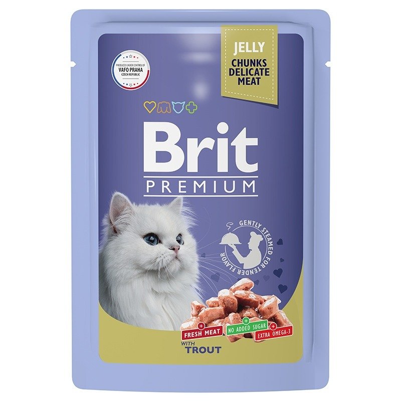 Brit Premium полнорационный влажный корм для кошек, с форелью, кусочки в желе, в паучах – 85 г