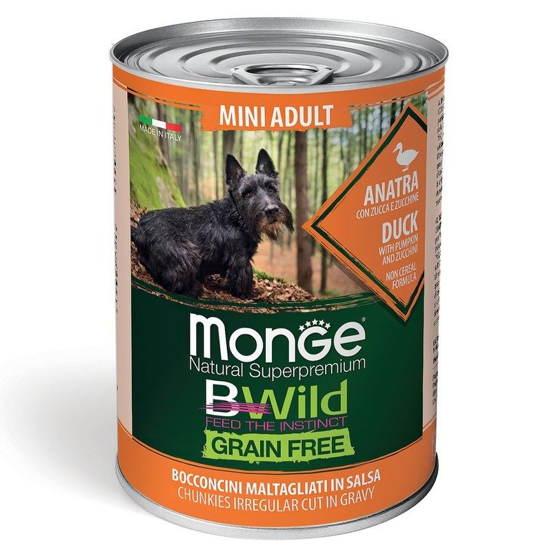 Monge Dog BWild Grain Free Mini полнорационный влажный корм для собак мелких пород, беззерновой, с уткой, тыквой и кабачками, кусочки в соусе, в консервах – 400 г