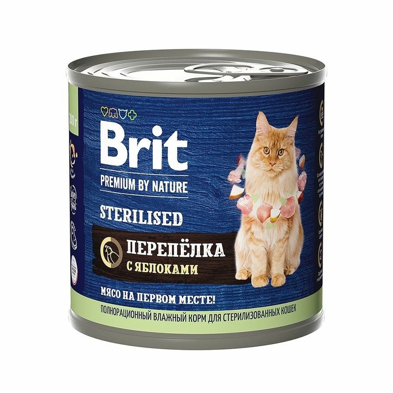 Brit Premium by Nature Sterilised полнорационный влажный корм для стерилизованных кошек, фарш из перепелки с яблоками, в консервах – 200 г