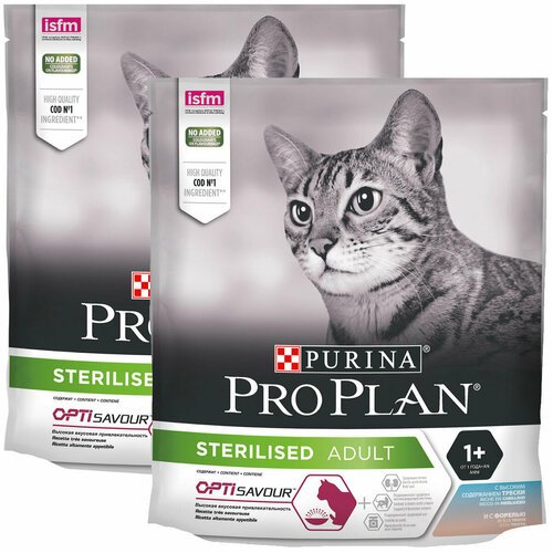 PRO PLAN CAT OPTISAVOUR STERILISED для привередливых взрослых кастрированных котов и стерилизованных кошек с треской и форелью (0,4 + 0,4 кг)