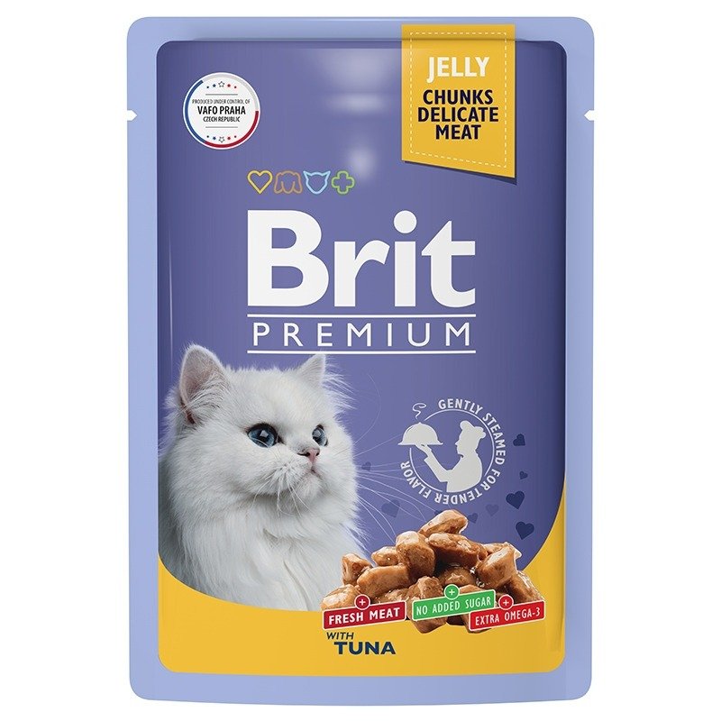 Brit Premium полнорационный влажный корм для кошек, с тунцом, кусочки в желе, в паучах – 85 г