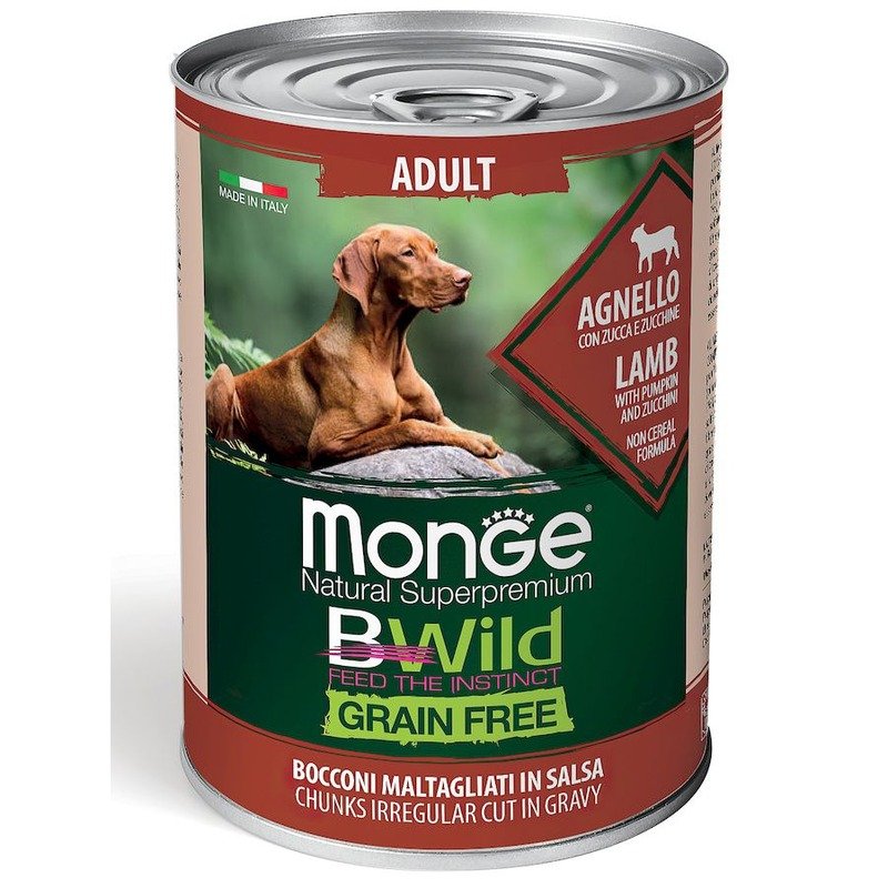 Monge Dog BWild Grain Free полнорационный влажный корм для собак, беззерновой, с ягненком, тыквой и кабачками, кусочки в соусе, в консервах – 400 г