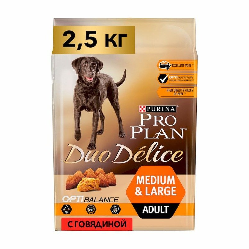Сухой корм Purina Pro Plan Duo Delice для взрослых собак средних и крупных пород с говядиной и рисом – 2,5 кг